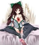  amagase_lyle bare_shoulders black_legwear black_wings bow breasts brown_hair cleavage collarbone cum feet footjob hair_bow long_hair medium_breasts no_bra off_shoulder penis red_eyes reiuji_utsuho sitting solo_focus spread_legs thighhighs third_eye touhou translated unyu wings 