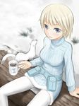  arm_support blonde_hair blue_eyes brave_witches cup from_above fudama looking_up mug nikka_edvardine_katajainen open_mouth pantyhose pouch short_hair sitting smile snow solo sweater turtleneck uniform weasel white_legwear world_witches_series 