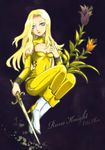  ao_(pixiv1743221) blonde_hair blue_eyes boots celes_chere detached_sleeves earrings female final_fantasy final_fantasy_vi flower full_body highres jewelry long_hair plant solo sword weapon 