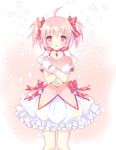  ahoge blush bubble_skirt choker gloves heart inugahora_an kaname_madoka magical_girl mahou_shoujo_madoka_magica object_hug pink_eyes pink_hair puffy_sleeves red_choker short_hair skirt smile solo star twintails white_gloves 