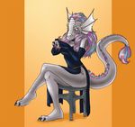  bix707 crossed_legs dragon dress elbow_gloves face_markings female inix sitting solo stool 
