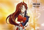  2002 calendar_(medium) eclair_(kiddy_grade) gloves gun highres kadonosono_megumi kiddy_grade long_hair red_hair ribbon solo weapon yellow_eyes 