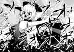  bow comic daiyousei fighting giantess goliath_doll greyscale hair_bow ikaasi monochrome multiple_girls side_ponytail sword touhou weapon wings 