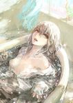  bare_shoulders bathing bathtub breasts brown_eyes collarbone face hands nipples off_shoulder open_clothes open_mouth open_shirt original partially_submerged petals red_eyes shirt short_hair small_breasts solo tori_(qqqt) water white_hair 