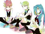  apron asymmetrical_hair blue_eyes blue_hair corn_(pokemon) dent_(pokemon) genderswap genderswap_(mtf) green_eyes green_hair gym_leader hair_over_one_eye kneehighs multiple_girls pod_(pokemon) pokemon pokemon_(game) pokemon_bw red_eyes red_hair shuri_(84k) siblings sitting thighhighs triplets 