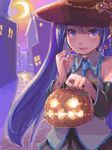 blue_eyes blue_hair halloween hat hatsune_miku heus_(nuntarou) jack-o'-lantern long_hair pumpkin solo tegaki twintails vocaloid 