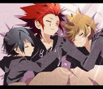  2boys axel_(kingdom_hearts) black_coat_(kingdom_hearts) black_hair blonde_hair cloak closed_eyes facial_mark gloves kingdom_hearts kingdom_hearts_358/2_days md5_mismatch multiple_boys red_hair roxas short_hair sleeping sohla xion_(kingdom_hearts) 