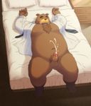  bear bed blush body_hair bottomless censored chest_hair chest_tuft chubby clothed clothing coat cum cumshot erection fat fur grizzly_bear half-dressed male mammal necktie open_mouth open_shirt orgasm overweight penis pillow pubes seiluw shirt socks solo tuft 