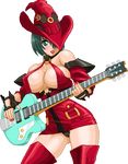  arc_system_works bare_shoulders blush breasts cleavage dress fingerless_gloves gloves green_eyes green_hair guilty_gear guitar guitar_girl hat i-no instrument large_breasts lowres nail_polish red_dress short_hair simple_background thighhighs warner warnerc witch witch_hat 