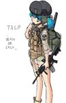  assault_rifle backpack bag beret blue_eyes blue_hair bottomless bulletproof_vest chicago_kneesox desert_pattern gun hair_bobbles hair_ornament hat headset kawashiro_nitori m4_carbine military military_uniform no_pants rifle short_hair signature sleeves_rolled_up solo three-color_desert_(camo) touhou tri-color_desert uniform vest weapon 