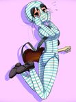  1girl akiyama_mio bodysuit change dachaku gag guitar instrument k-on! loli mask object_on_head panties panties_on_head smelling sniffing striped striped_panties underwear zentai 