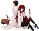  1girl back-to-back brown_hair cellphone labcoat legwear_under_shorts long_hair makise_kurisu necktie okabe_rintarou pantyhose phone rage_(rojiura) red_neckwear shorts steins;gate 