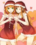  axis_powers_hetalia ayase_kaede bad_id bad_pixiv_id bare_shoulders belgium_(hetalia) blonde_hair breasts brown_hair christmas cleavage dress green_eyes hat heart heart_hands heart_hands_duo hungary_(hetalia) kneeling long_hair medium_breasts multiple_girls one_eye_closed santa_costume santa_hat smile symbol-shaped_pupils 