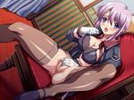  1girl black_bra black_lingerie blue_eyes blush bra breasts chair embarrassed game_cg gloves indoors legwear lingerie masturbation military military_uniform open_clothes open_mouth open_shirt purple_hair pussy ryoujoku_guerilla_gari shirt solo stockings suck_my_dick_or_die! sweat thighhighs uncensored underwear uniform white_gloves 