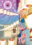  absurdres blue_eyes blue_hair blush bow choko_(cup) cup danmaku festival fujiwara_no_mokou hair_bow hair_ribbon hat highres ibuki_suika kamishirasawa_keine lantern long_hair multiple_girls noel8890 paper_lantern red_eyes ribbon silver_hair touhou 