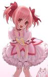  :3 :d bad_id bad_pixiv_id bubble_skirt choker collarbone face gloves hands_on_own_knees head_tilt highres irimo kaname_madoka kyubey leaning_forward looking_at_viewer magical_girl mahou_shoujo_madoka_magica open_mouth pink_eyes pink_hair puffy_sleeves red_choker short_hair short_twintails simple_background skirt smile twintails white_gloves 