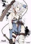  bad_id bad_pixiv_id bandages belt bow braid breasts chain dual_wielding elbow_gloves flower frills gloves hair_ornament holding kaine_(nier) lingerie medium_breasts negligee nier nier_(series) panties ribbon short_hair silver_hair solo sword thigh_strap thighhighs underwear weapon white_hair white_panties yellow_eyes yuzumame 