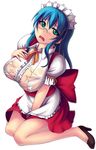  apron areola areolae artist_request bad_id blue_hair blush breasts dress female glasses green_eyes headdress high_heels kisaragi_yakumo large_breasts long_hair looking_up maid maid_apron maid_headdress open_mouth original see-through shoes sitting solo waitress wet wet_clothes 