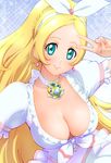  aqua_eyes blonde_hair breasts choker cleavage cure_rhythm earrings eyelashes hairband jewelry large_breasts long_hair magical_girl minamino_kanade precure skirt smile solo suite_precure ueyama_michirou white_choker white_skirt 