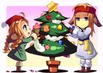  1girl ahoge animal_ears bell blue_eyes blush boots braid brother_and_sister brown_hair christmas christmas_tree dress enoo flower frown full_body gloves green_dress green_eyes happy hat headband long_hair mariel_(wild_arms) open_mouth red_flower red_rose rose siblings star sweat twintails two-tone_background vasim wild_arms wild_arms_1 