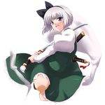  black_hairband blue_eyes bob_cut frown ghost hairband hitodama katana konpaku_youmu konpaku_youmu_(ghost) open_mouth scabbard sheath short_hair silver_hair solo sword tassel touhou transparent_background tsukishiro_kou vest weapon 