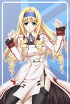  alternate_legwear belt belt_buckle black_legwear blonde_hair blue_background blue_eyes blue_hairband blue_neckwear blue_ribbon blush breasts buckle cecilia_alcott collared_shirt cowboy_shot curly_hair dress drill_hair garter_belt hairband hands_up infinite_stratos infinite_stratos_academy_uniform large_breasts long_hair long_sleeves looking_at_viewer neck_ribbon open_mouth panties ribbon school_uniform shirokuma_a shirt solo thighhighs underwear white_belt white_dress white_shirt 