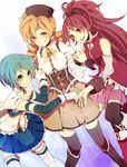  beret blonde_hair blue_eyes blue_hair bow cape detached_sleeves drill_hair gloves hair_bow hat holding_hands long_hair magical_girl mahou_shoujo_madoka_magica miki_sayaka mugi_(twinbox) multiple_girls ponytail puffy_sleeves rainbow_order red_eyes red_hair sakura_kyouko short_hair skirt smile striped striped_legwear thighhighs tomoe_mami twin_drills twintails vertical-striped_legwear vertical_stripes white_gloves white_legwear yellow_eyes 