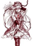  cross food graphite_(medium) hair_ribbon highres long_hair magical_girl mahou_shoujo_madoka_magica monochrome pizza_man pocky polearm ribbon sakura_kyouko solo spear spot_color thighhighs traditional_media weapon 