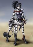  2004 belt black_hair centaur equine evion female gloves hair hooves scalemail shoulder_pads solo stripes sword taur unconvincing_armour warrior weapon zebra 