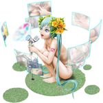  bad_id bad_pixiv_id barefoot face feet flower green_eyes green_hair hair_ornament hands hatsune_miku highres holographic_interface lips long_hair microphone nail_polish nude open_mouth pi_(pppppchang) solo squatting tattoo twintails very_long_hair vocaloid 