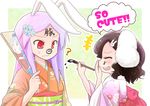 ? animal_ears brush bunny_ears calligraphy_brush cameo closed_eyes covering_mouth facepaint flower hagoita hair_ornament hairclip hand_over_own_mouth hanetsuki inaba_tewi ink japanese_clothes kimono laughing morioka_itari multiple_girls new_year open_mouth paddle paintbrush reisen_udongein_inaba smile sweatdrop touhou wavy_mouth yagokoro_eirin 