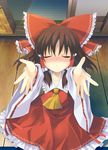  ascot blush bow brown_hair closed_eyes detached_sleeves hair_bow hair_tubes hakurei_reimu incoming_kiss outstretched_arms solo tororo touhou 