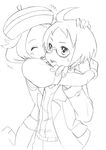  1girl ahoge bel_(pokemon) blush cheren_(pokemon) glasses greyscale hat hijirino_yuuta hug monochrome pokemon pokemon_(game) pokemon_bw sketch smile 