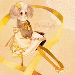  :3 apron bad_id bad_pixiv_id bow dress dripping hair_bow high_heels honey original pantyhose poco24 ribbon shoes short_twintails silver_hair sitting solo spoon striped striped_legwear twintails vertical-striped_legwear vertical_stripes yellow_eyes yellow_legwear 