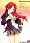  absurdres asymmetrical_hair blazer blush bra cosplay hair_ribbon highres jacket lingerie little_busters! mouth_hold nagase_ayumu open_clothes open_shirt panties plaid plaid_skirt red_eyes red_hair ribbon school_uniform shirt skirt solo time_leap underwear undressing watanabe_akio 