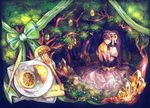  celestial_stones chibi_(shimon) citrine_(personification) crystal dish food forest fork fruit gem knife lemon light_smile long_hair nature personification purple_hair ribbon sitting solo tree very_long_hair yellow_eyes 