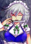  braid glowing glowing_eyes grey_hair izayoi_sakuya knife maid maid_headdress one_eye_closed red_eyes roki_(hirokix) solo touhou twin_braids zoom_layer 