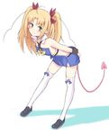  astarotte_ygvar bent_over blonde_hair blush bow demon_tail detached_collar green_eyes hair_bow leaning_forward long_hair lotte_no_omocha! purea smile solo tail thighhighs 