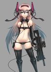  bare_shoulders blue_eyes blue_hair gia gradient_hair gun headphones highres long_hair multicolored_hair original pink_hair rifle robotic_legs simple_background solo thighhighs weapon 