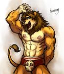  blue_eyes fangs feline humbuged lion looking_at_viewer male muscles open_mouth skull solo standing tail underwear 