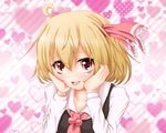  ahoge blonde_hair blush bow fang hair_ribbon hands_on_own_cheeks hands_on_own_face heart nekotama_shun open_mouth red_eyes ribbon rumia short_hair smile solo symbol-shaped_pupils touhou 
