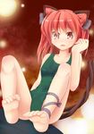  absurdres adapted_costume animal_ears ankle_ribbon barefoot casual_one-piece_swimsuit cat_ears cat_tail fang feet green_swimsuit highres kaenbyou_rin leg_ribbon multiple_tails niiya one-piece_swimsuit red_eyes red_hair ribbon short_hair slit_pupils soles solo swimsuit tail toe_scrunch toenails touhou tsurime twintails 