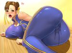  ass blush breasts brown_eyes brown_hair cameltoe capcom chun-li cleavage erect_nipples huge_ass huge_breasts looking_at_viewer lying open_mouth pussy_juice saliva shiny shiny_clothes shirt skin_tight street_fighter street_fighter_zero sweat taut_clothes taut_shirt tears tenji thick_thighs unitard 