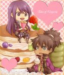  bad_id bad_pixiv_id black_eyes black_hair chopsticks copyright_name crepe food food_wrapper heart kuro_(algolagniasm) long_hair multiple_boys pancake ponytail raven_(tales) rice smile tales_of_(series) tales_of_vesperia tea yuri_lowell 