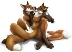  2008 arm_bands balls blackteagan blank_background brown_hair canine canine_penis chest_tuft colored couple cuddle ear_tufts erection feathers fox gay green_eyes hair karishad kissing kiwaku_(character) male nude penis sheath tails tribal white_background yellow_eyes 