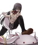  akemi_homura anger_vein black_hair black_legwear hairband holding_another's_tail kyubey long_hair mahou_shoujo_madoka_magica mitakihara_school_uniform nekoyanagi_reo pantyhose school_uniform shaded_face shadow stepped_on tail tail_grab 