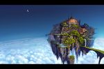  castle cloud crescent_moon day dome fantasy floating_island horizon letterboxed moon no_humans original scenery sky star_(sky) starry_sky tanuki_koubou tree water waterfall 