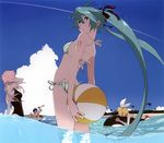  3girls aqua_eyes aqua_hair arched_back ball bare_shoulders beachball bikini cloud condensation_trail day from_behind hair_ribbon hatsune_miku highres kagamine_len kagamine_rin kaito long_hair looking_back megurine_luka multiple_boys multiple_girls nail_polish ocean outdoors palm_tree partially_underwater_shot ribbon side-tie_bikini sky sparkle striped striped_bikini striped_swimsuit swimsuit tattoo tree twintails uki_atsuya vertical-striped_bikini vertical_stripes very_long_hair vocaloid wading water waves 