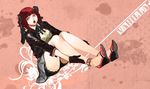  bangs bare_legs blunt_bangs gloves high_heels jacket knife leather leather_jacket miniskirt open_mouth original red_hair ribbon shoes sitting skirt solo upskirt v8 
