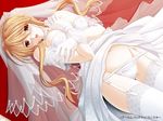  :o blonde_hair blush breasts choker crossed_arms dress garter_belt garters gloves kazoku_koukan long_hair lying medium_breasts on_back panties red_eyes saeki_hokuto solo thighhighs toujou_kanoko underwear wedding_dress white 